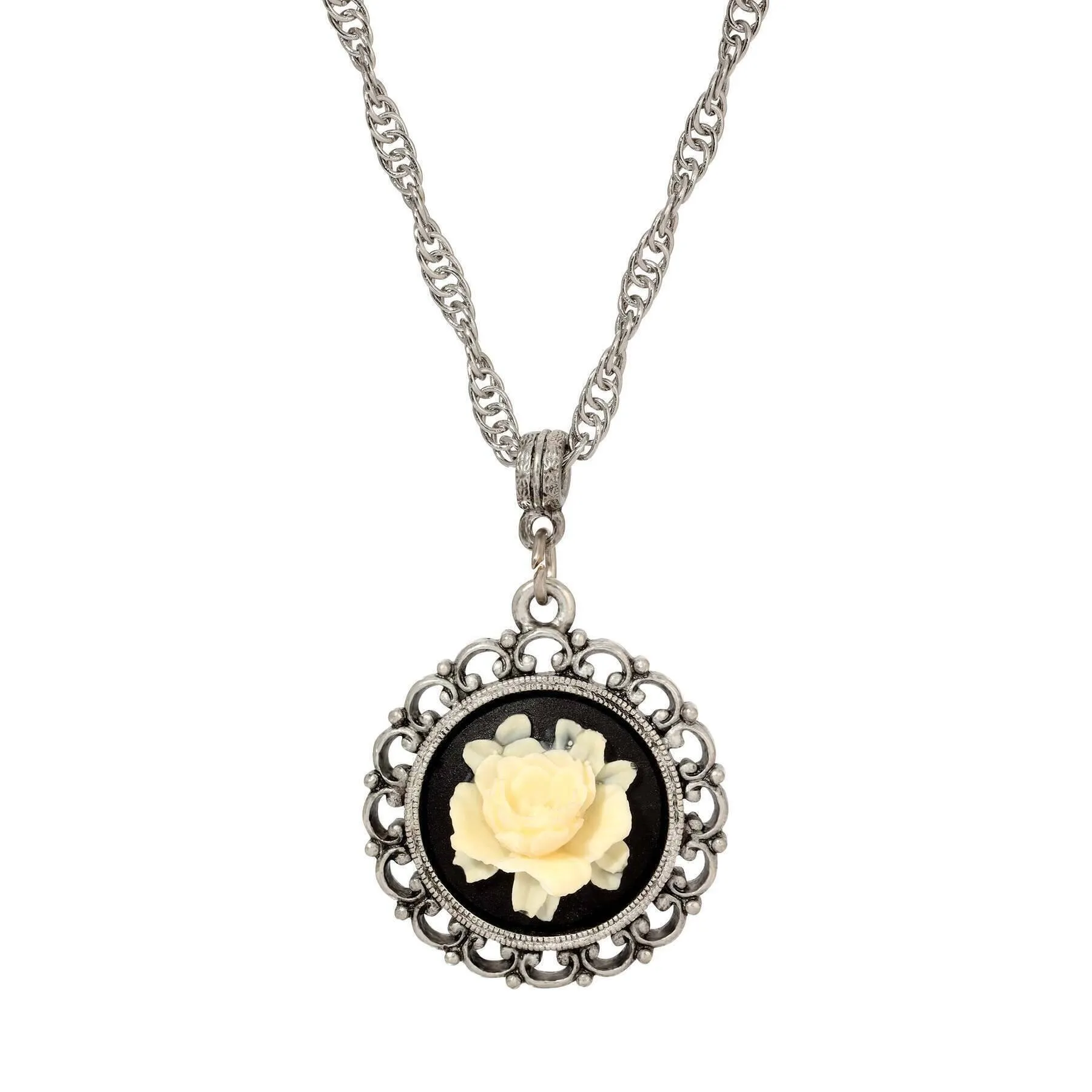 1928 Jewelry Ivory White Flower Cameo Pendant Necklace 18"