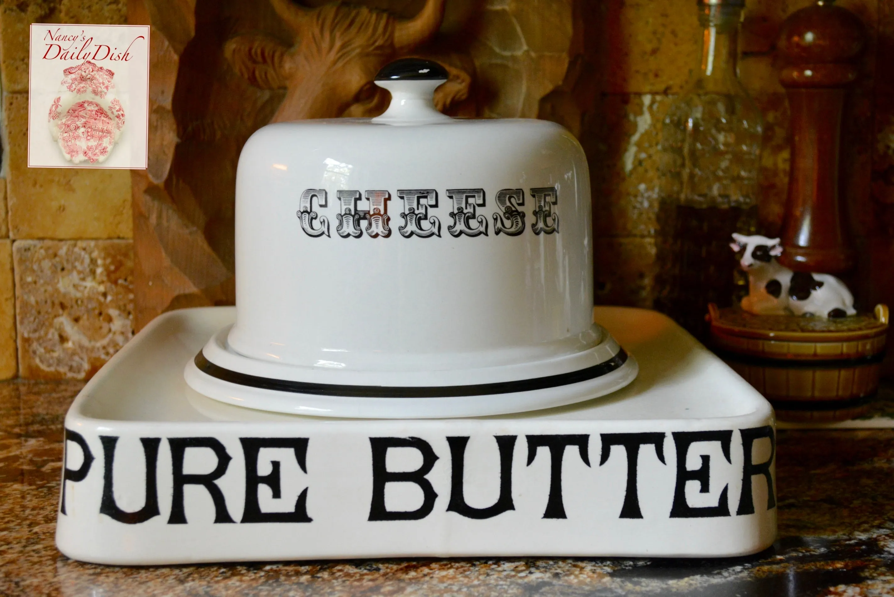 Antique Dairy Slab Advertising English Transferware  CHEESE Dome Bell & Stand