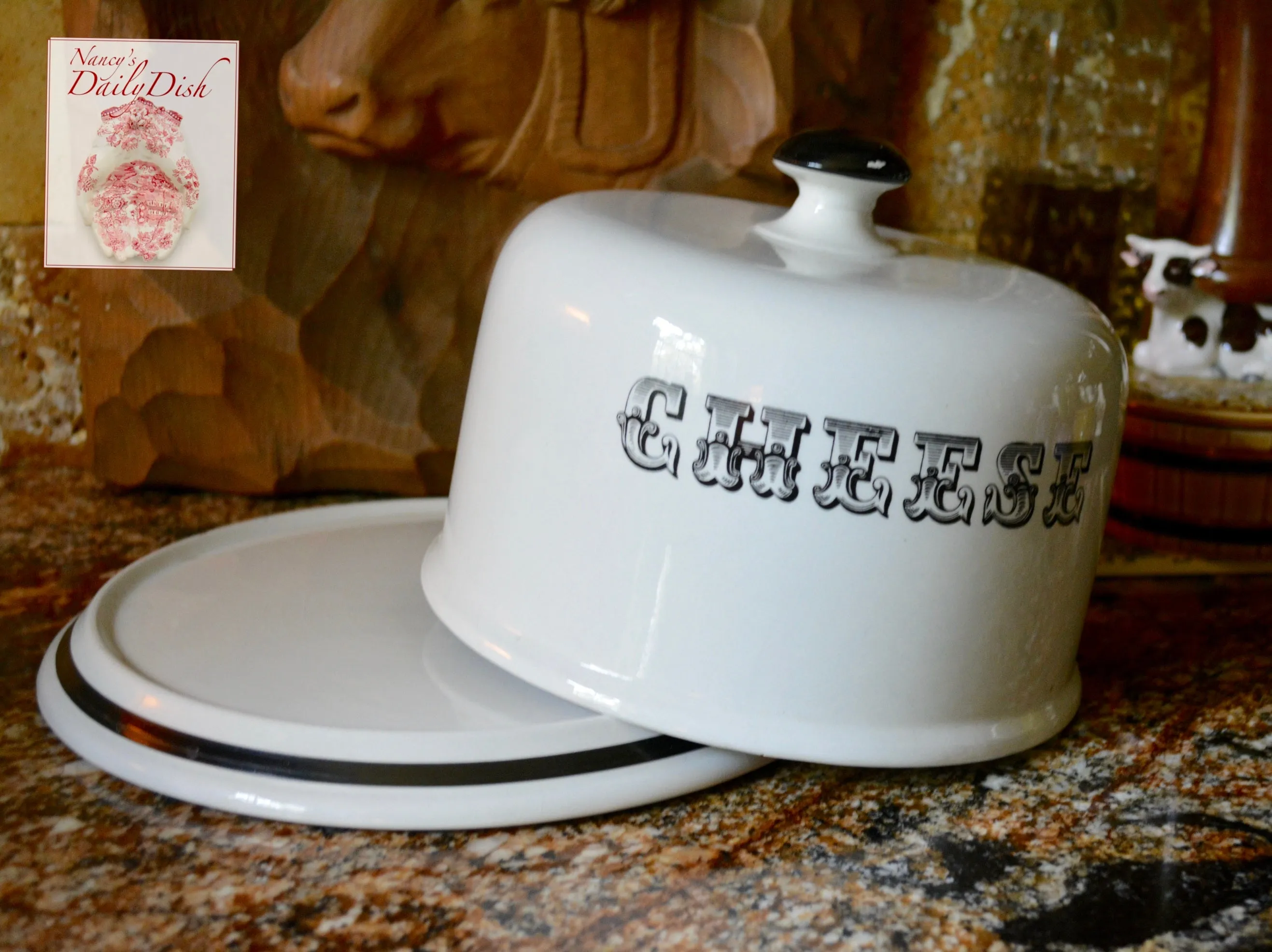 Antique Dairy Slab Advertising English Transferware  CHEESE Dome Bell & Stand