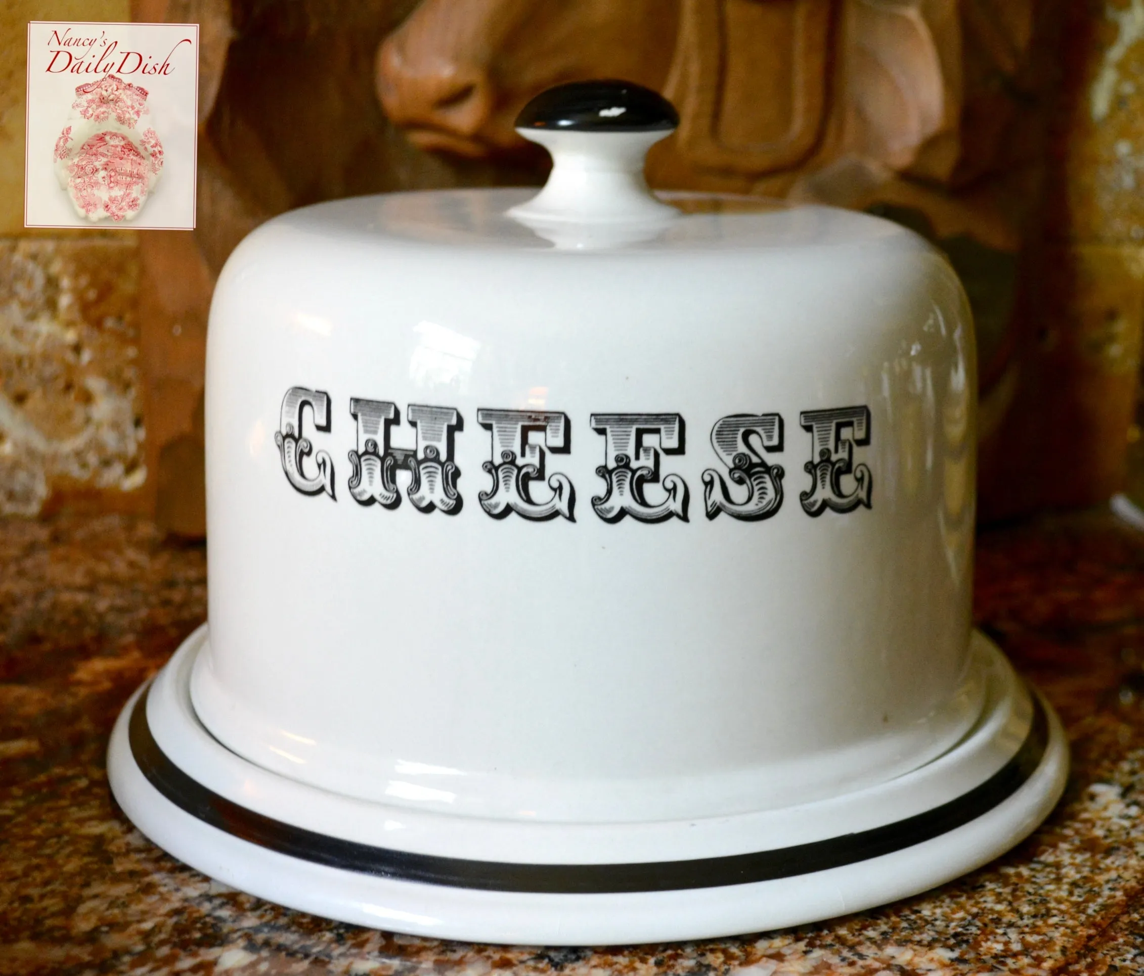 Antique Dairy Slab Advertising English Transferware  CHEESE Dome Bell & Stand