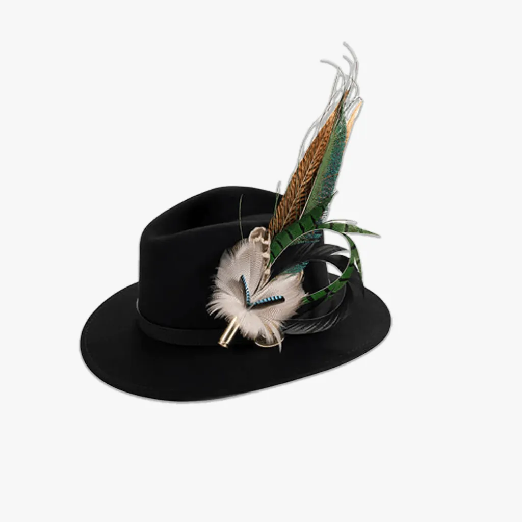 Black Fedora with Feather Brooch