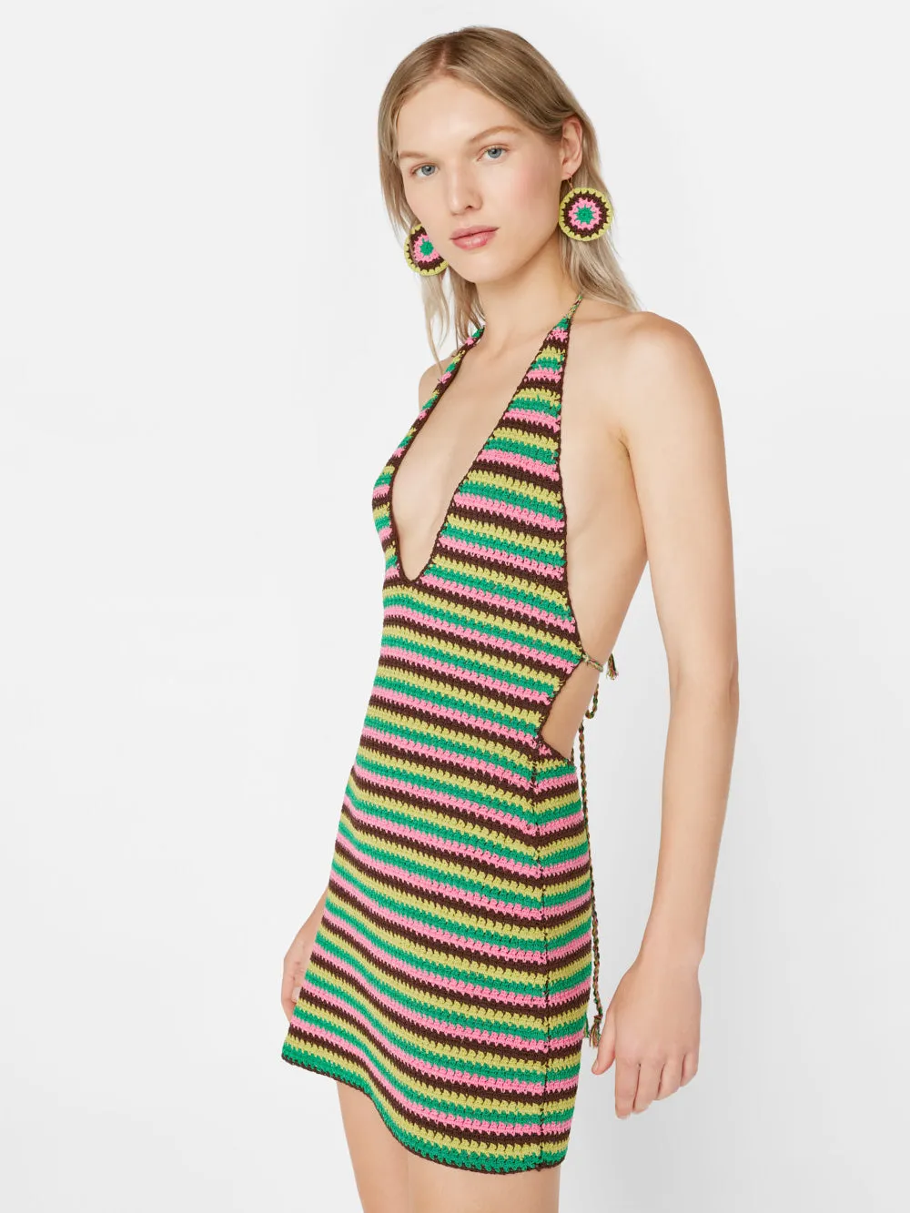Crochet Halter Mini Dress -- Hot Pink Multi