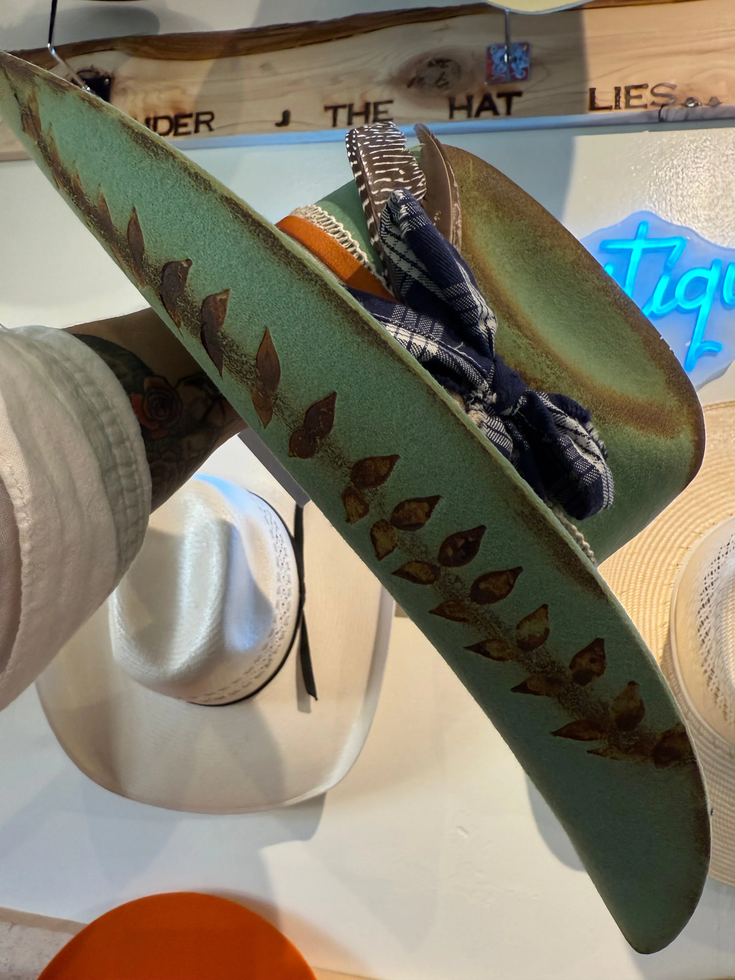 Custom Western Cowboy Cattleman Hat  Wool Green  Hawaiian Ti Leaf Brim  Size Medium (57 cm)  Blue Palaka Bow | The Branded W & Co.