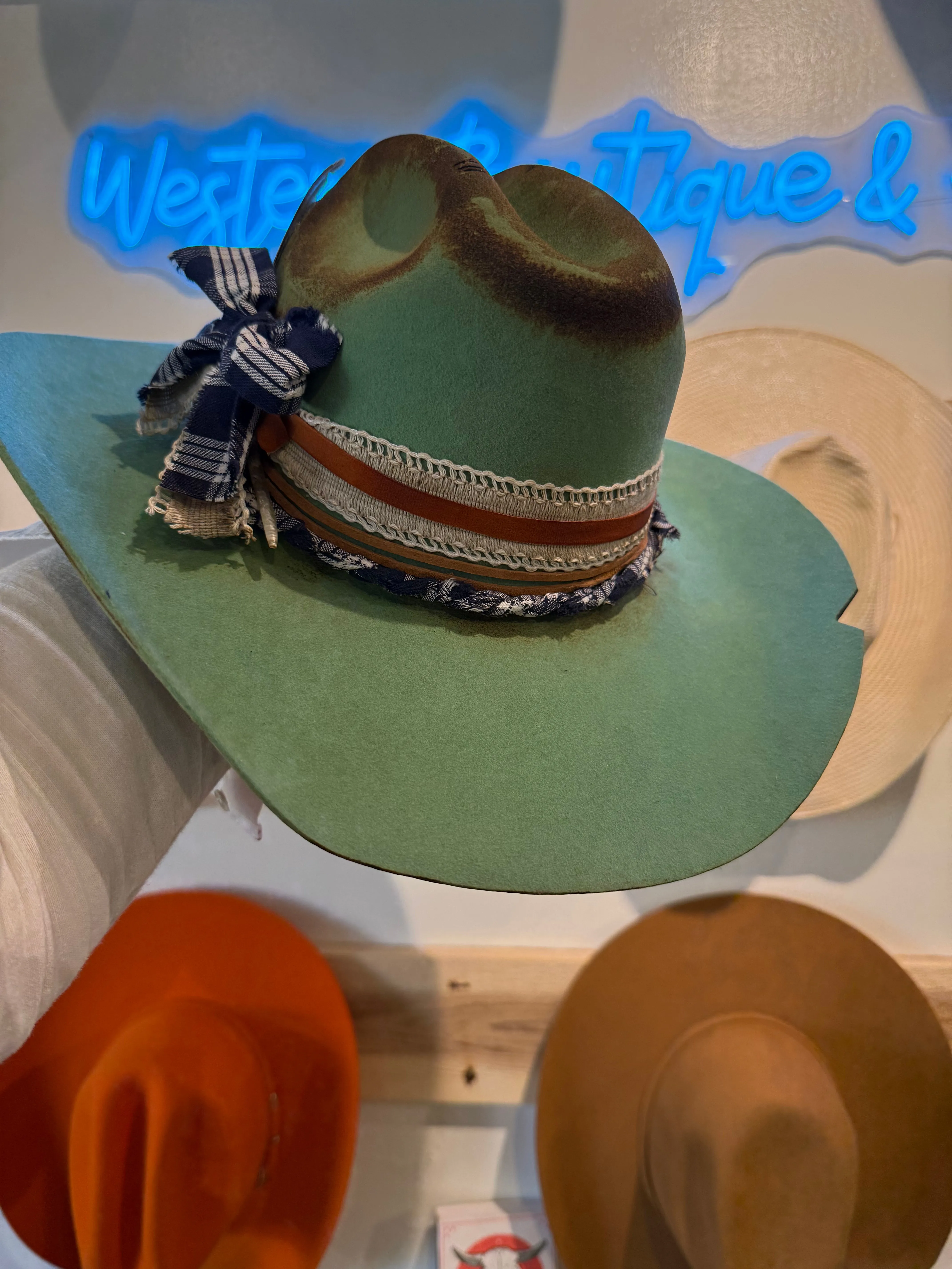 Custom Western Cowboy Cattleman Hat  Wool Green  Hawaiian Ti Leaf Brim  Size Medium (57 cm)  Blue Palaka Bow | The Branded W & Co.