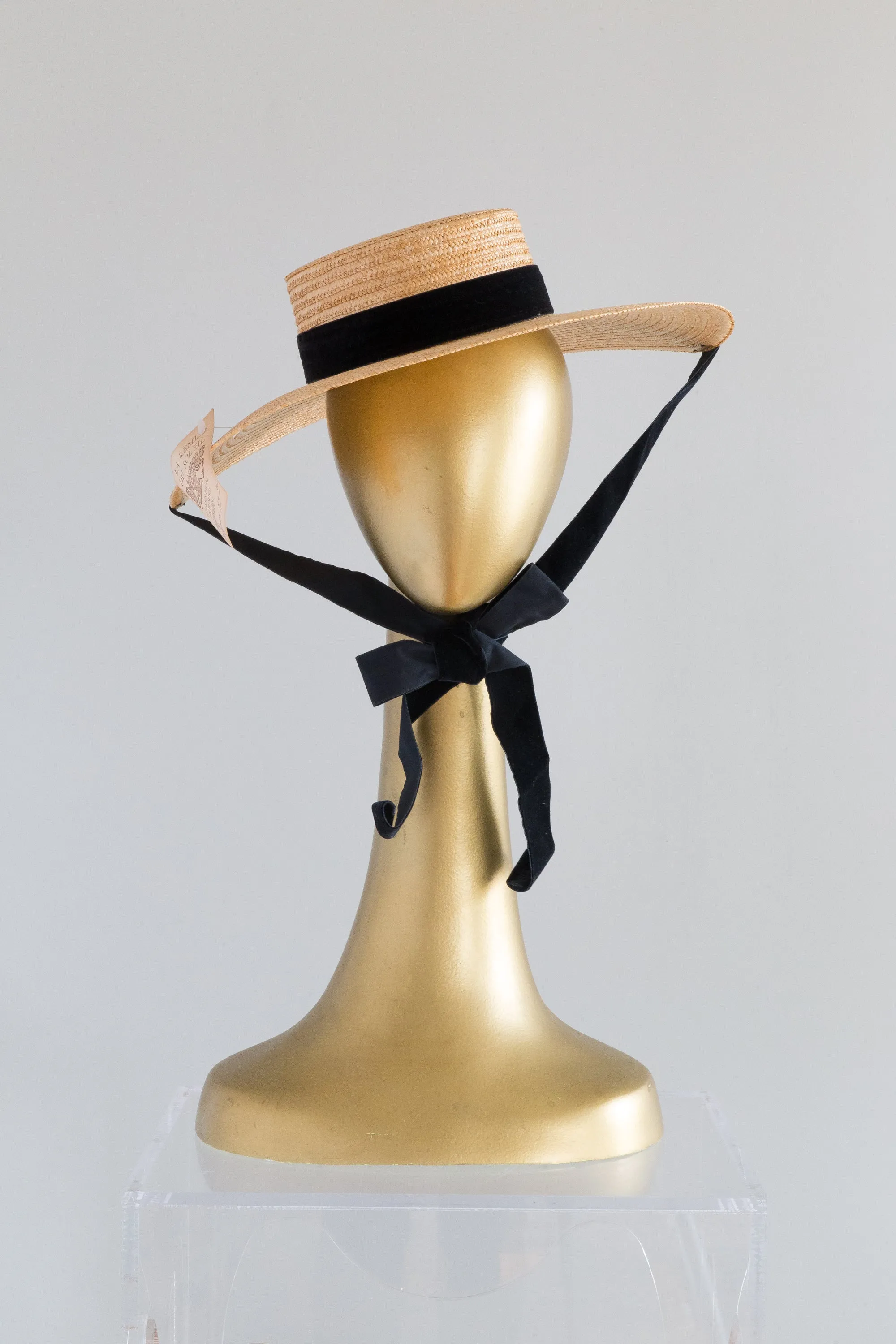 Darling 1960's NOS French Straw Summer Hat With Velvet Ties