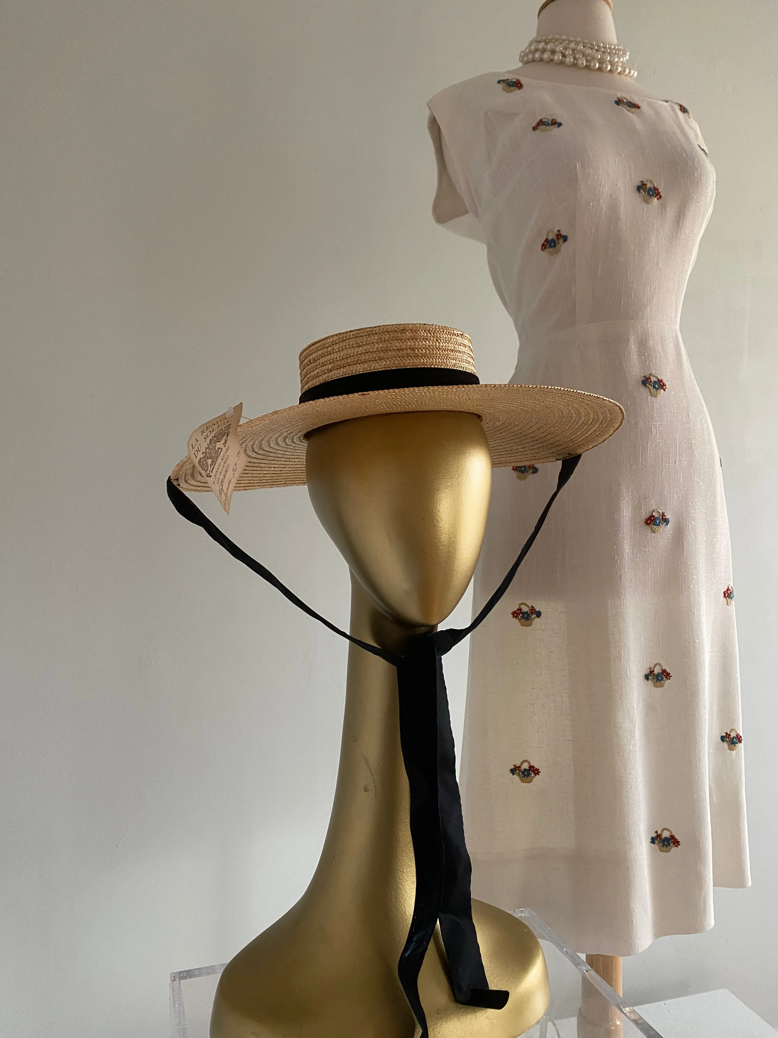 Darling 1960's NOS French Straw Summer Hat With Velvet Ties