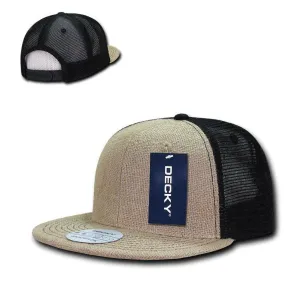 Decky Jute Crown Flat Bill Baseball 6 Panel Trucker Caps Hats Unisex