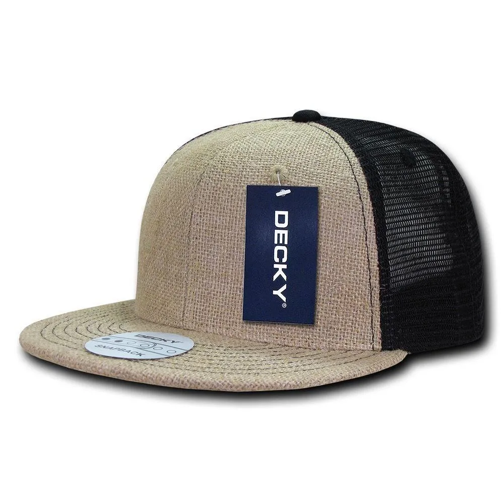 Decky Jute Crown Flat Bill Baseball 6 Panel Trucker Caps Hats Unisex
