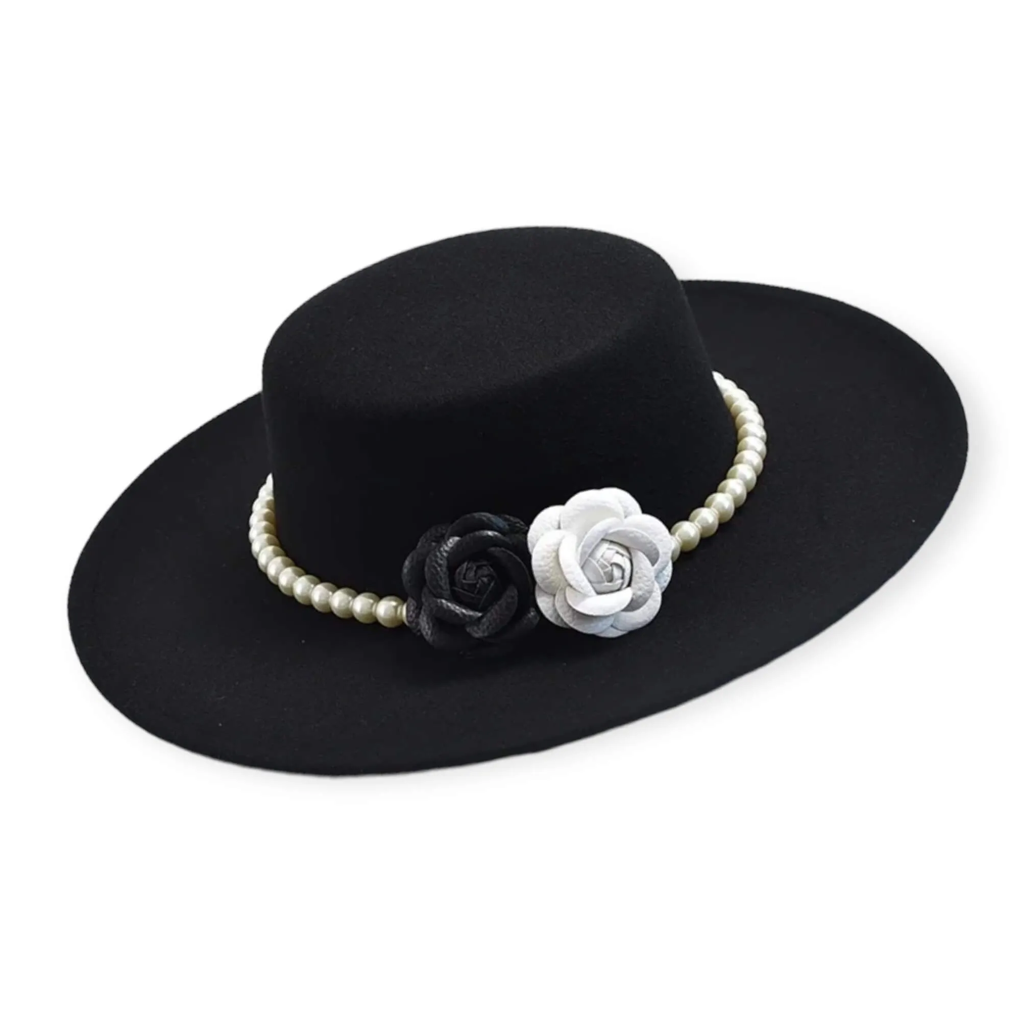 Floral Black Wide Brim Felt Boater Hat