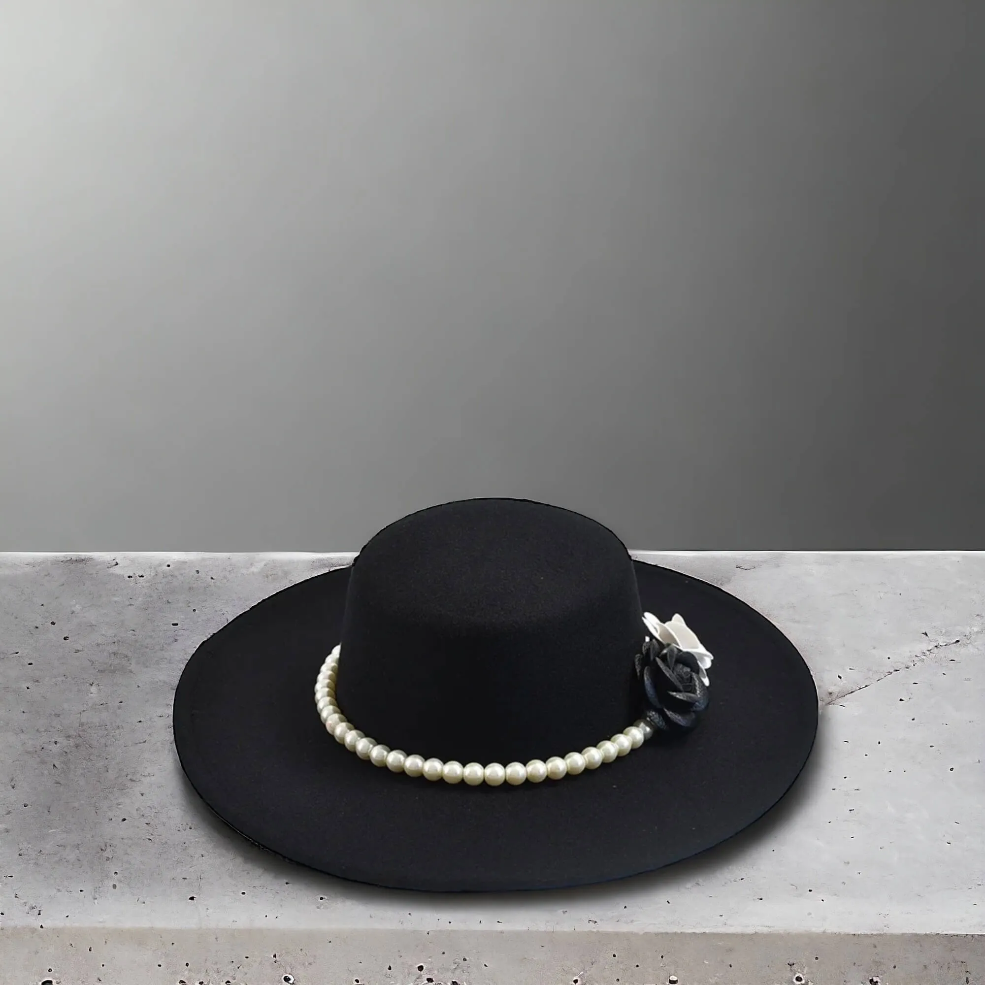 Floral Black Wide Brim Felt Boater Hat