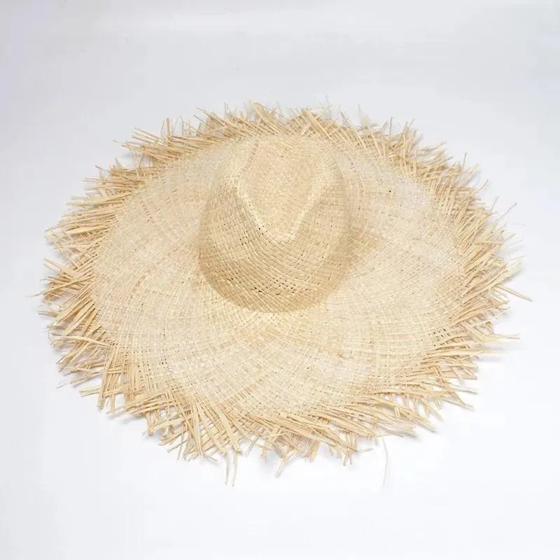 Handmade Straw Sun Hats Large Wide Brim, High Quality Natural Raffia Panama Beach Straw Sun Caps For Holiday