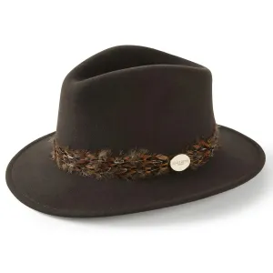 HICKS & BROWN Ladies Suffolk Fedora Hat - Pheasant Feather Wrap - Dark Brown