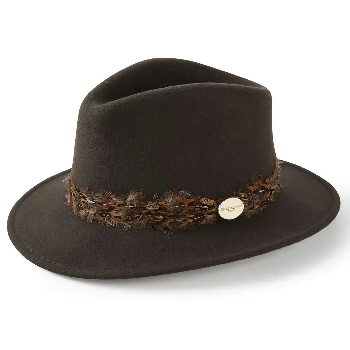 HICKS & BROWN Ladies Suffolk Fedora Hat - Pheasant Feather Wrap - Dark Brown