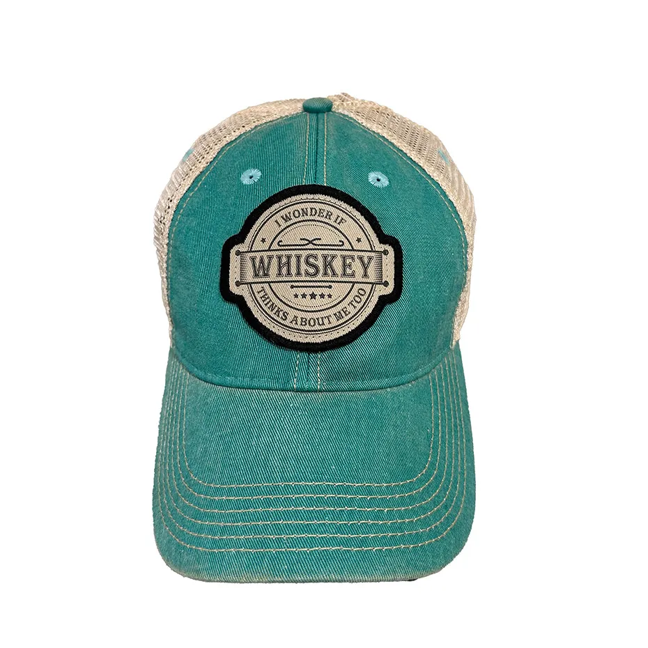 I Wonder if Whiskey Thinks About Me Too Distressed Snap Back Trucker Hat