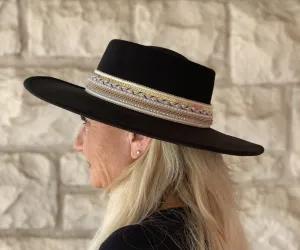 Jen & Co. Blaze Multi Trim Wide Brim Fedora Hat In Black
