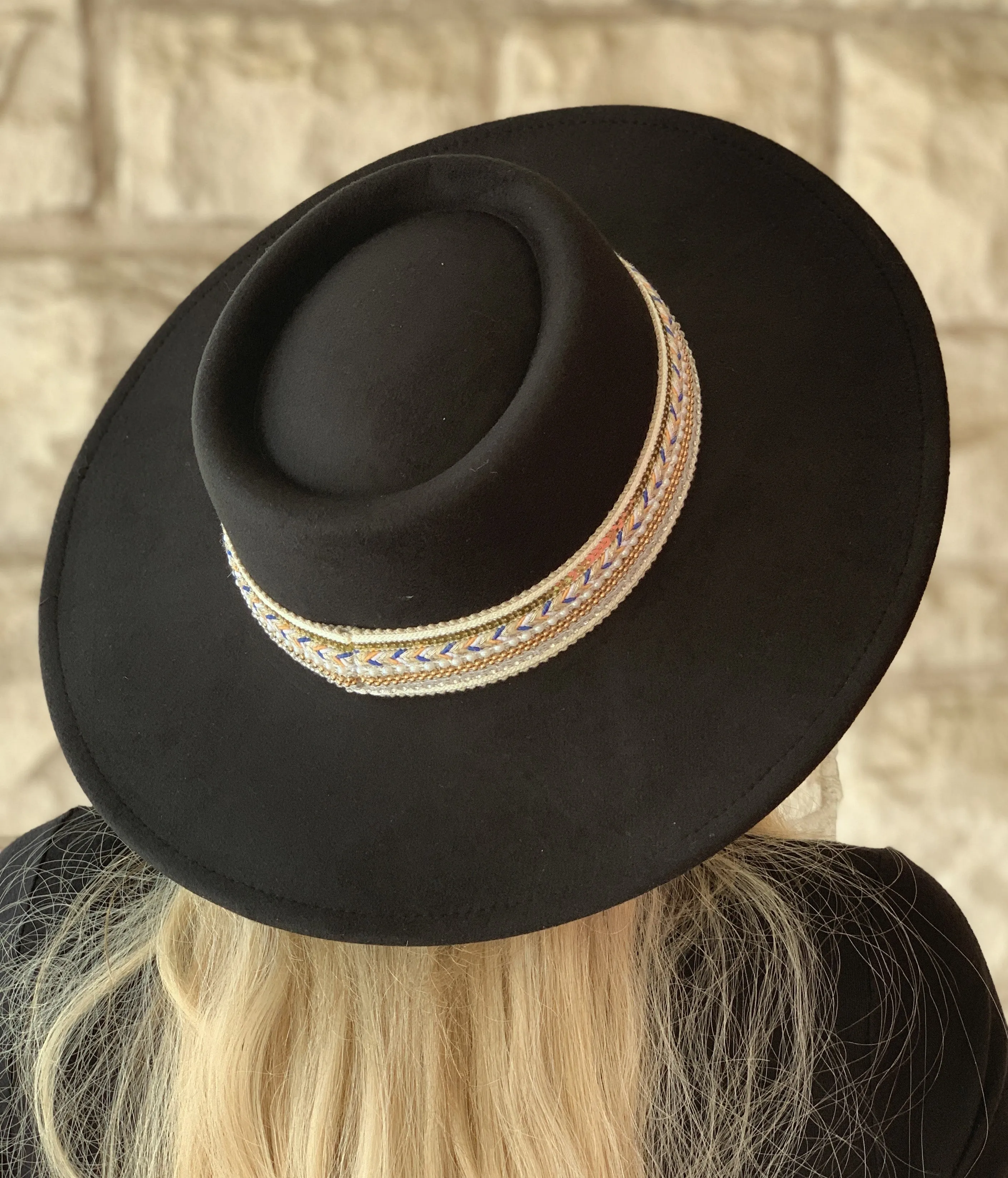 Jen & Co. Blaze Multi Trim Wide Brim Fedora Hat In Black