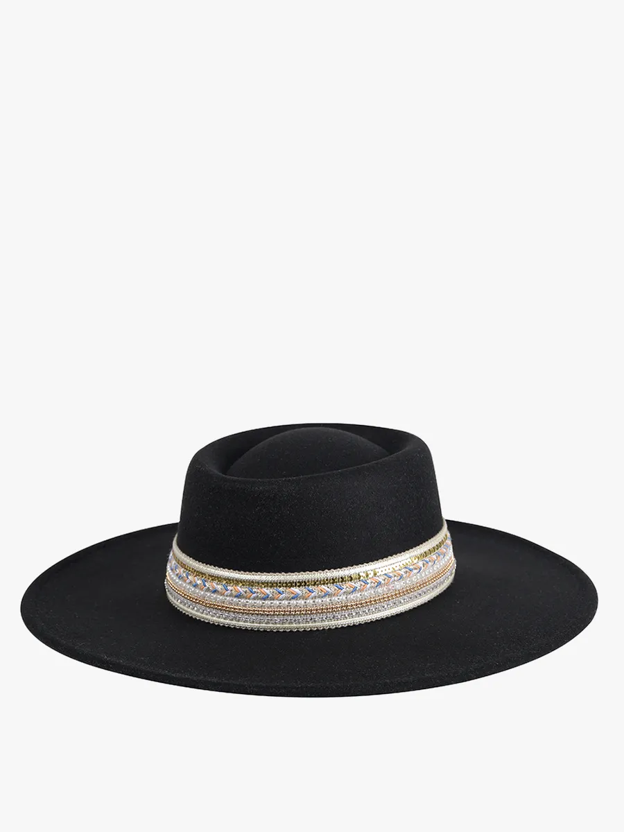 Jen & Co. Blaze Multi Trim Wide Brim Fedora Hat In Black