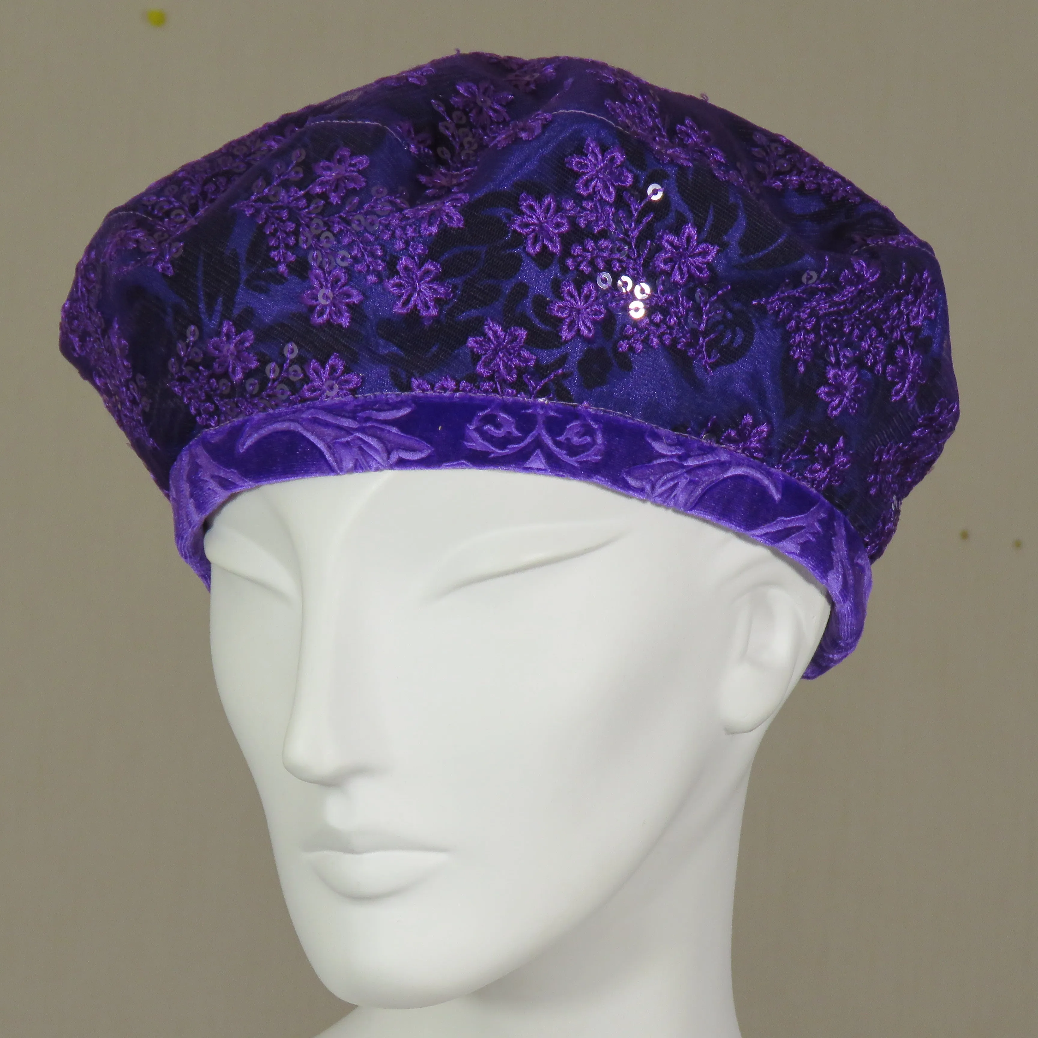 Kabuki Beret, Purple Taffeta Overlaid with Sequin Lace, Size Small