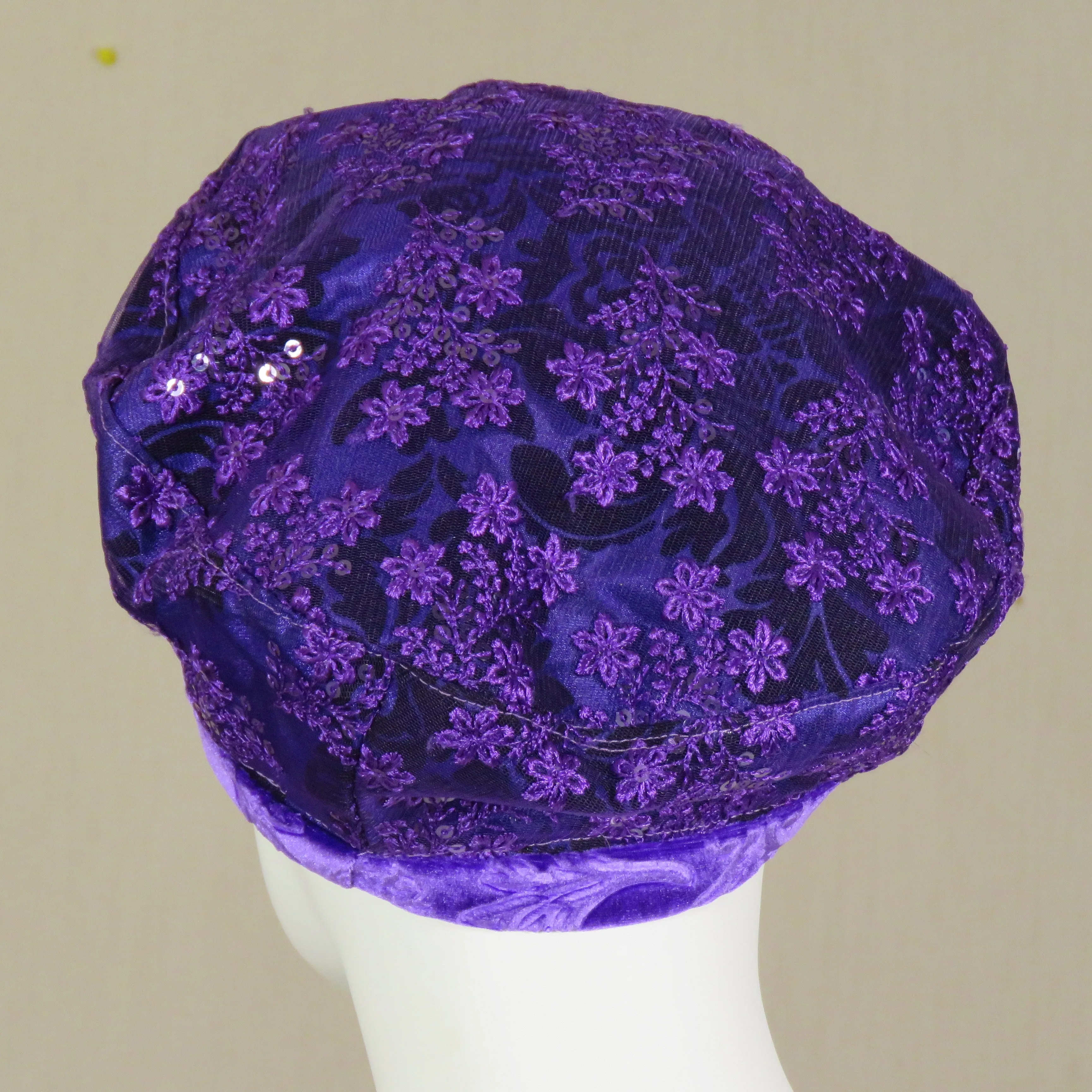 Kabuki Beret, Purple Taffeta Overlaid with Sequin Lace, Size Small