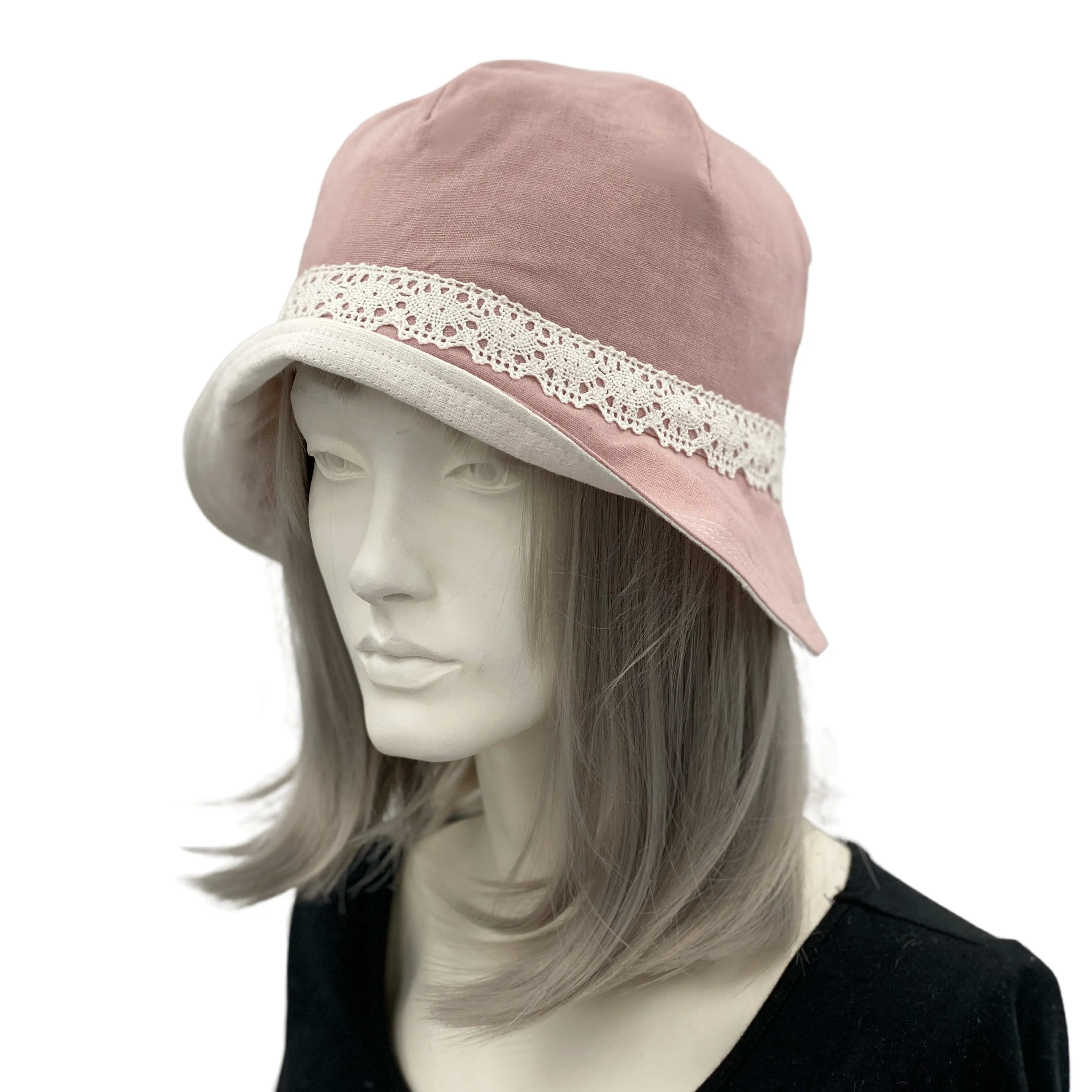 Ladies Dusky Pink Linen and White Lace Cloche Hat