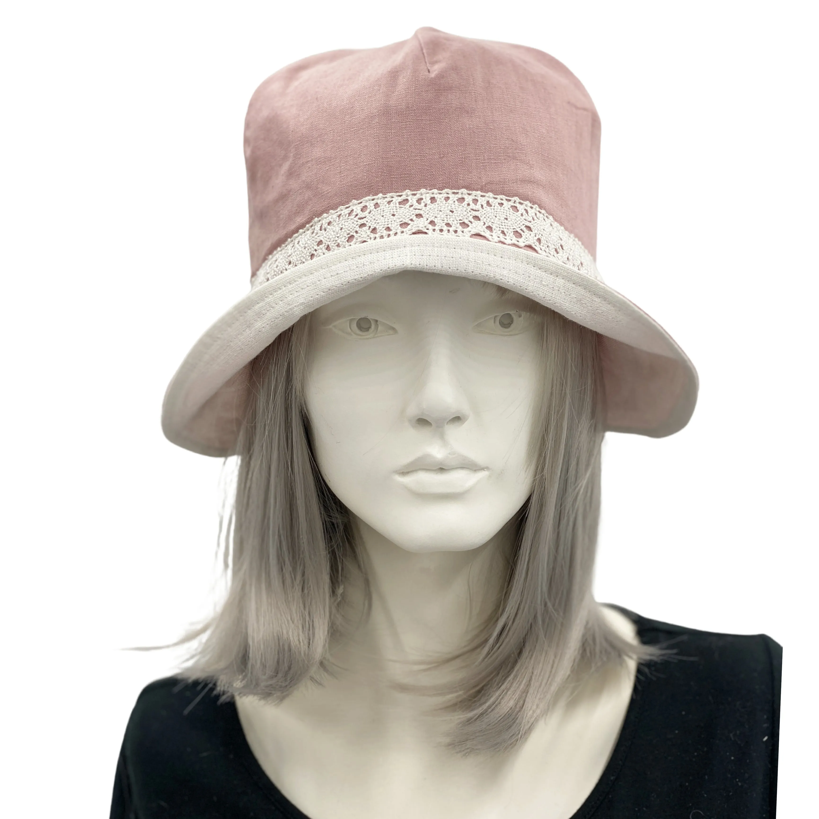 Ladies Dusky Pink Linen and White Lace Cloche Hat