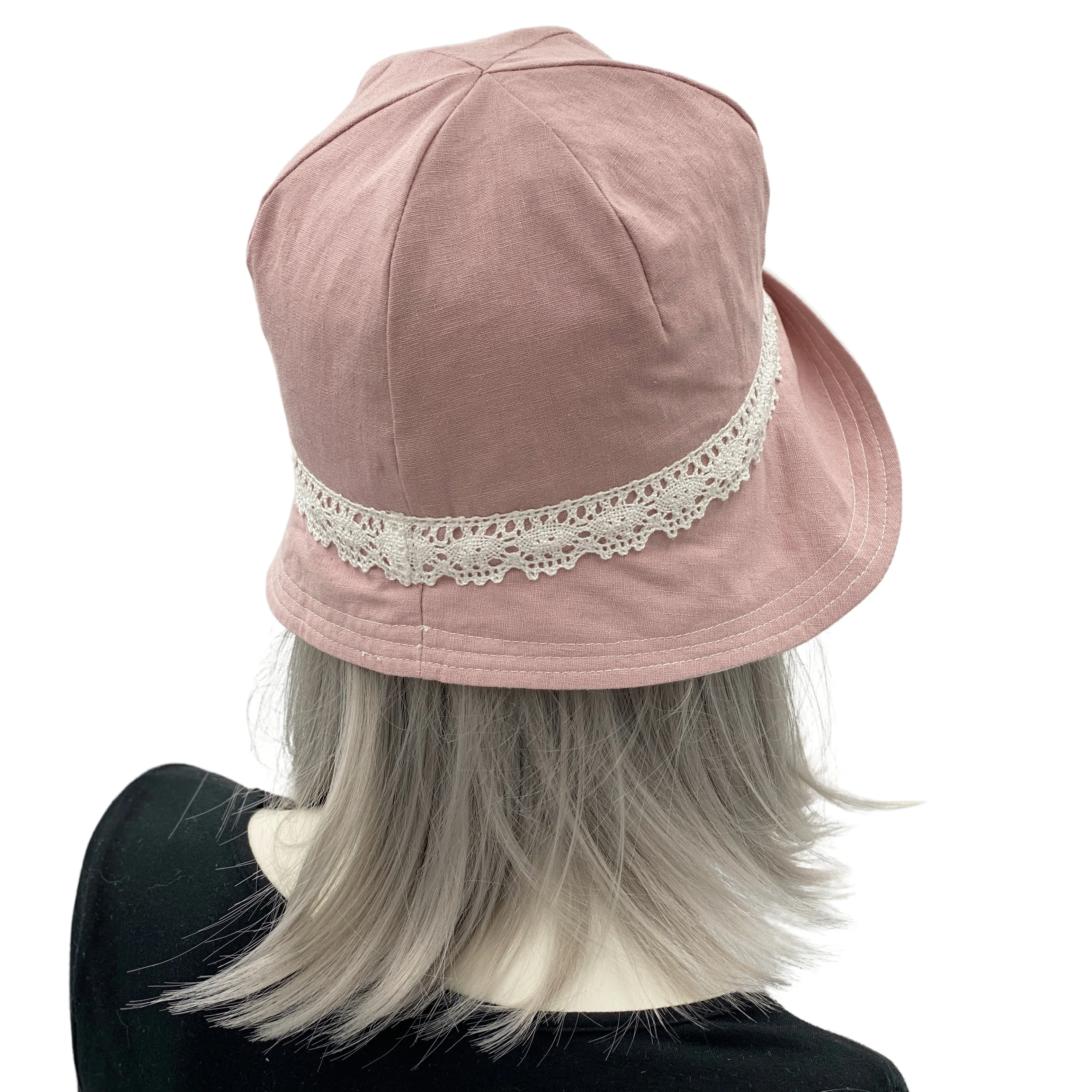 Ladies Dusky Pink Linen and White Lace Cloche Hat