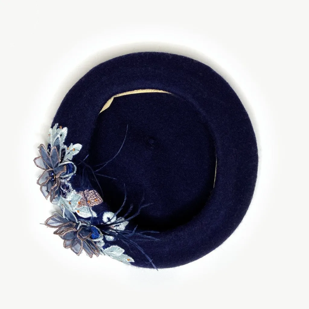 Odette Feather Embroidered Beret - Navy
