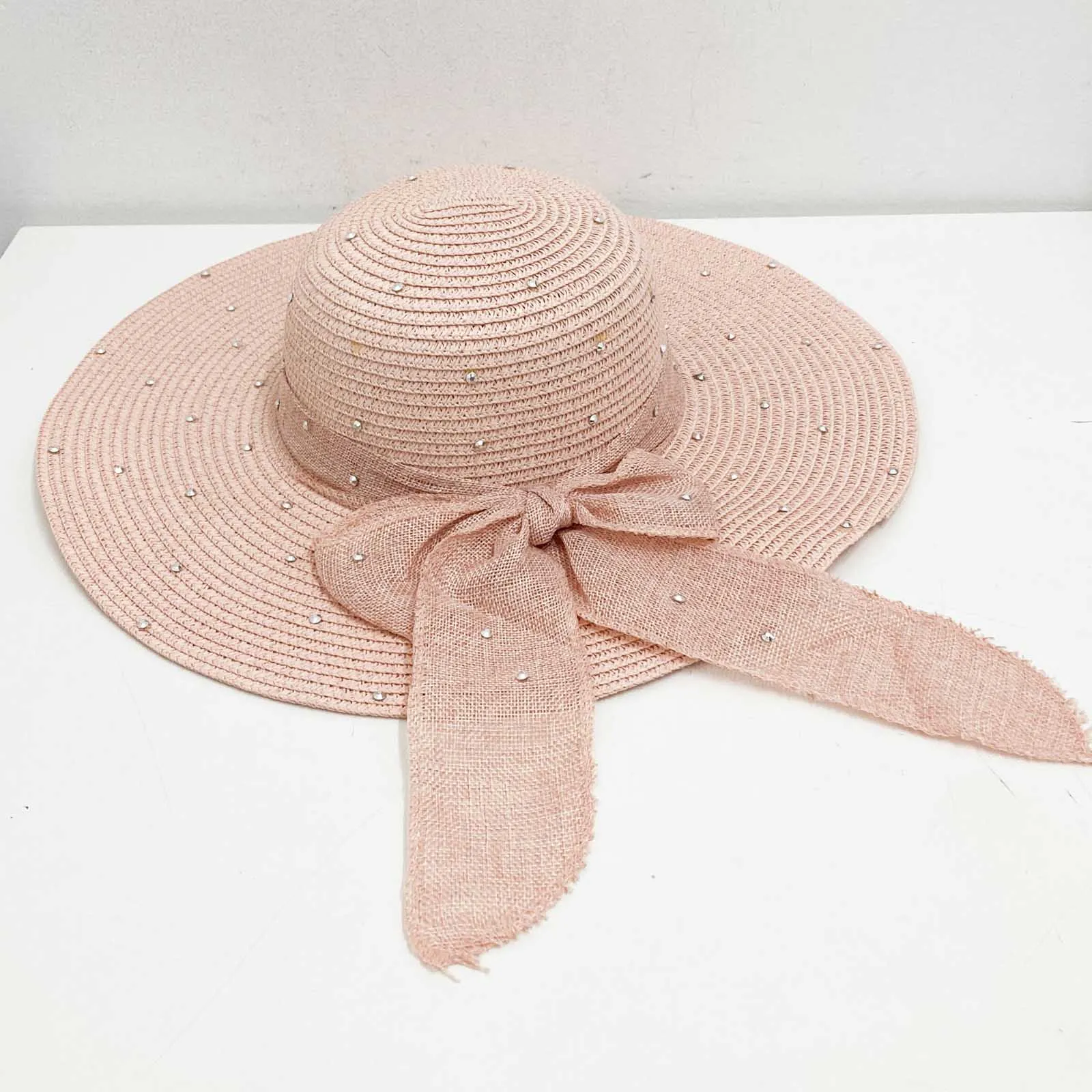 Pink Straw Wide Brim Embellished Bow Hat One Size
