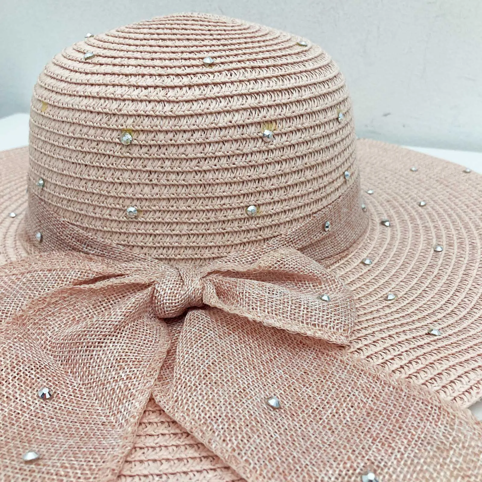 Pink Straw Wide Brim Embellished Bow Hat One Size