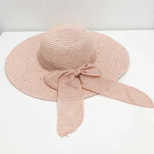 Pink Straw Wide Brim Embellished Bow Hat One Size
