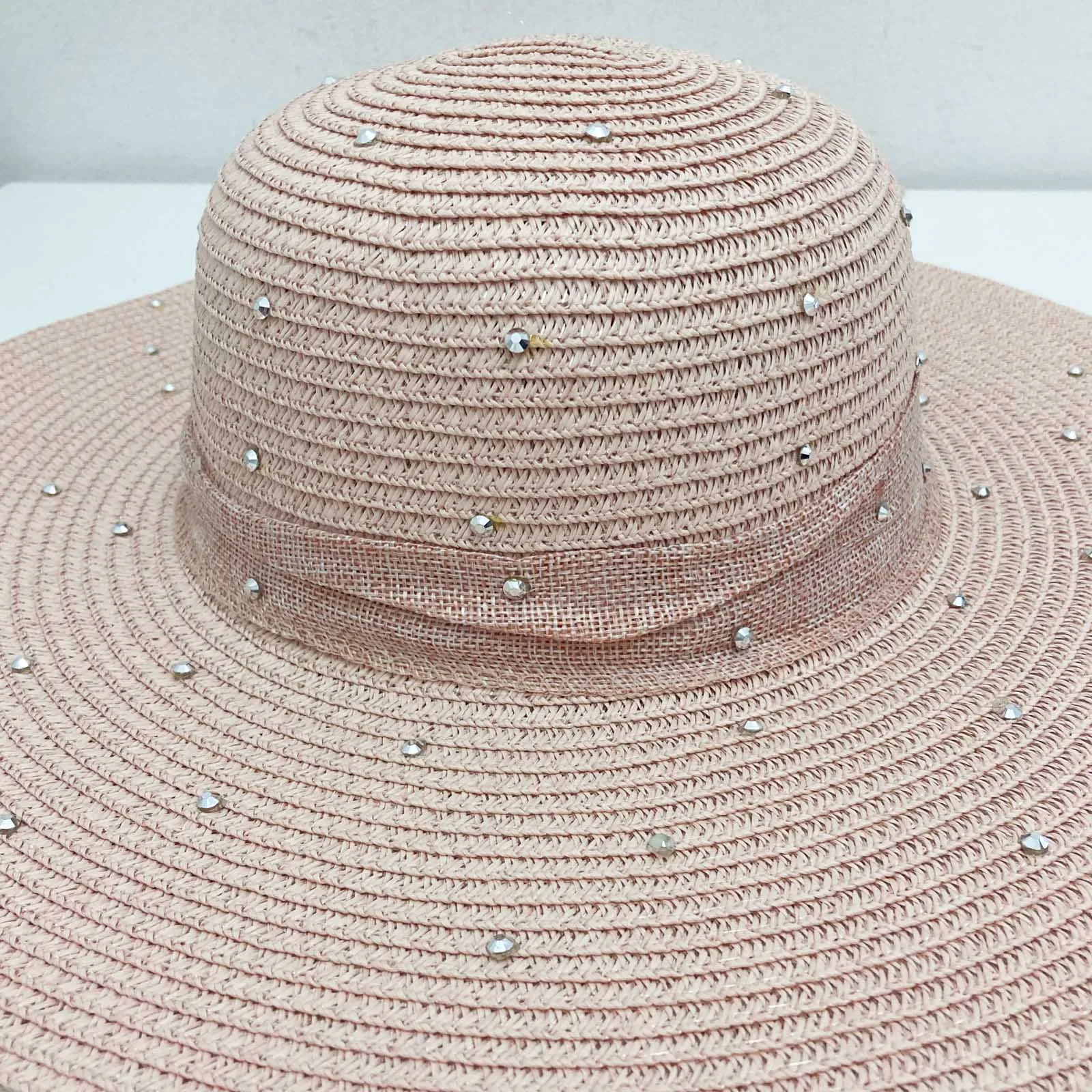 Pink Straw Wide Brim Embellished Bow Hat One Size