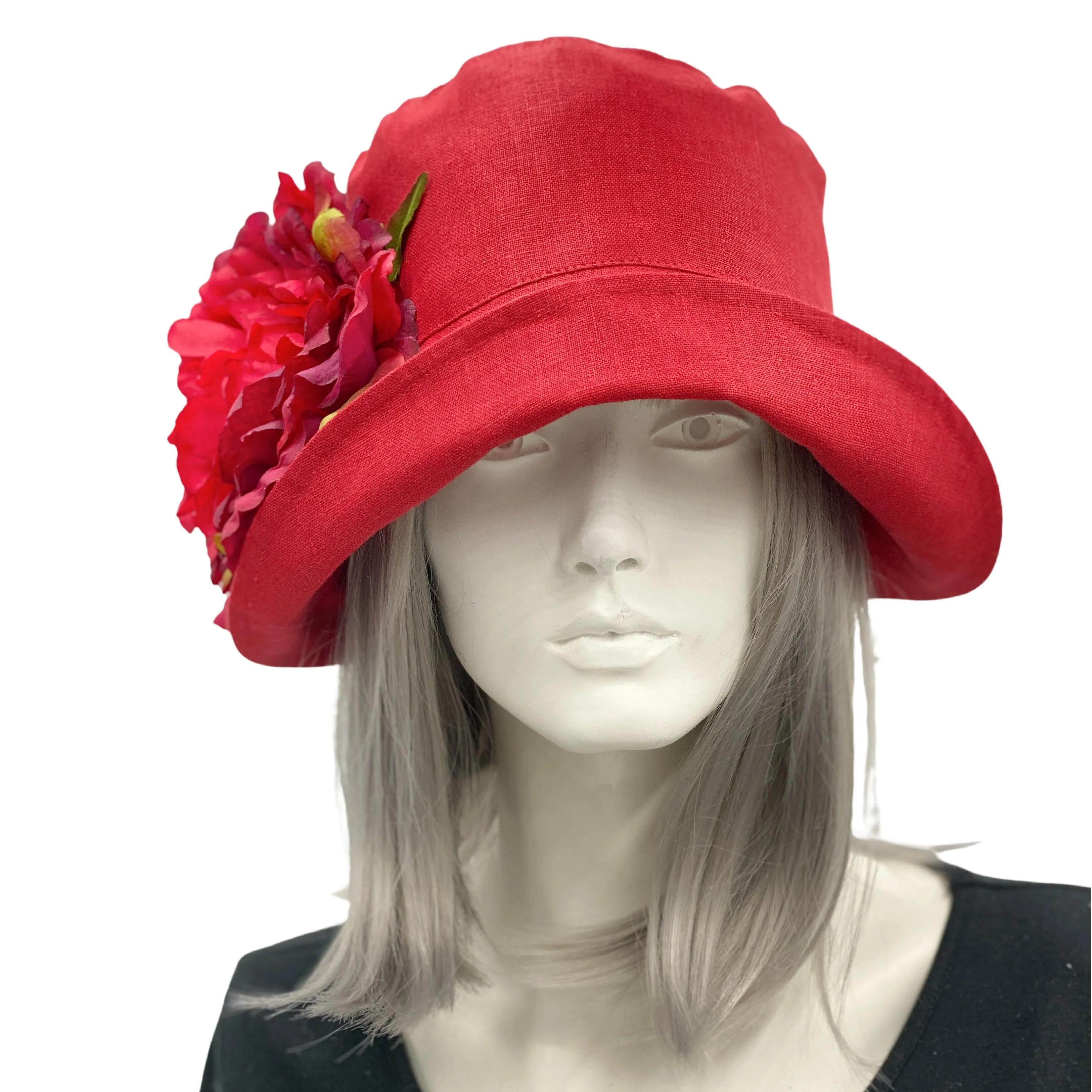 Red linen 20s Style Cloche Hat with Large Flower | The Eleanor