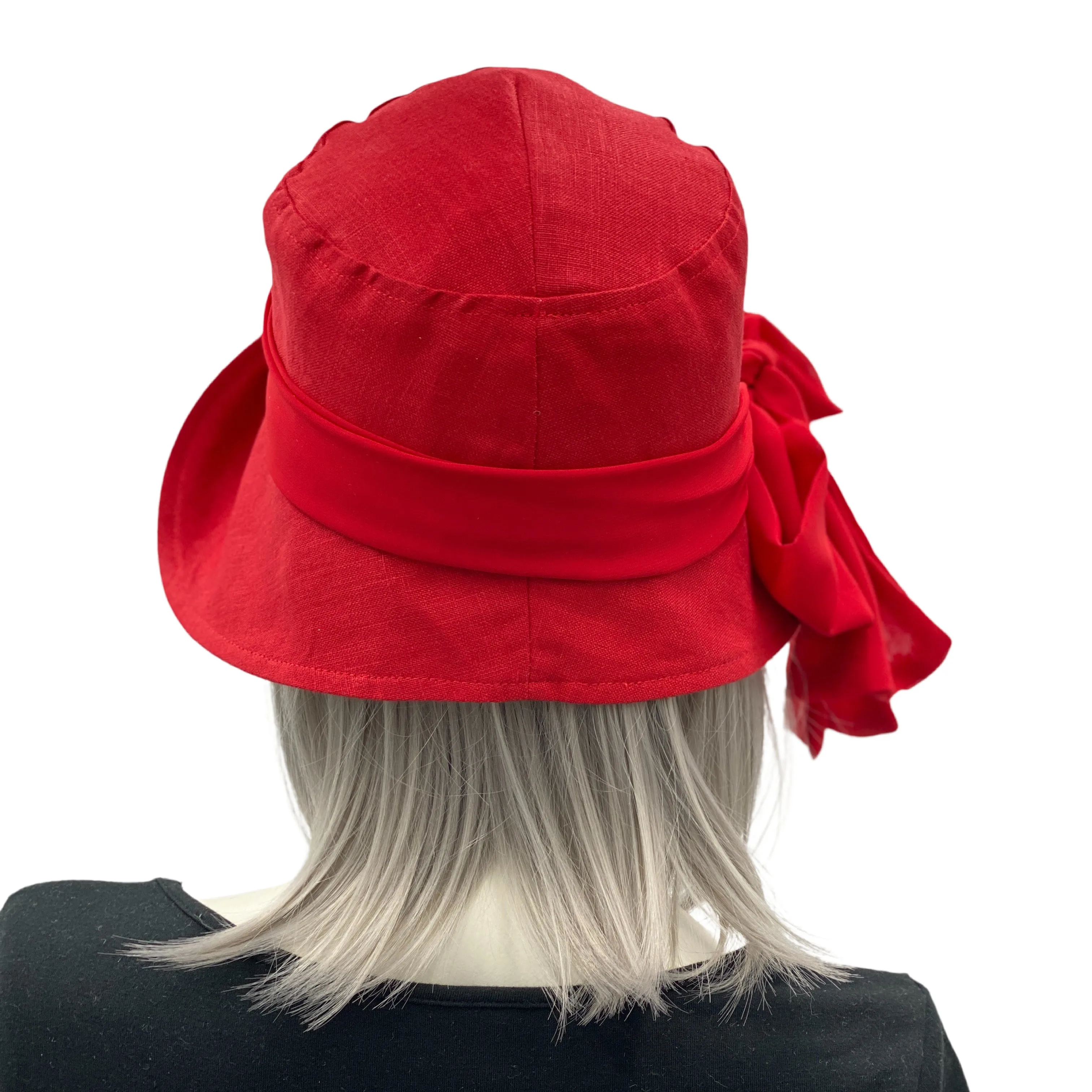 Red Linen 20s Style Cloche Hat with Red Chiffon Scarf  | The Eleanor