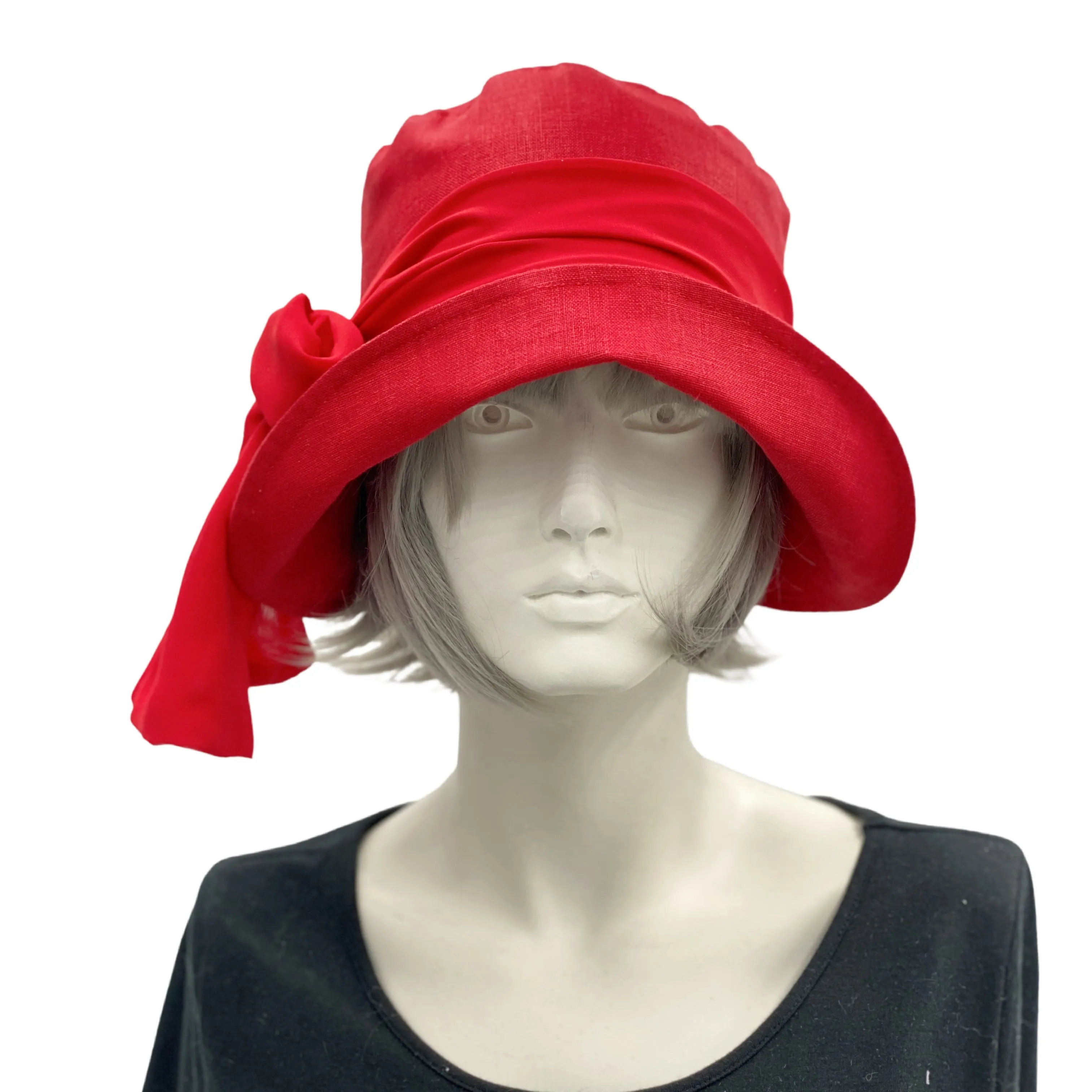 Red Linen 20s Style Cloche Hat with Red Chiffon Scarf  | The Eleanor