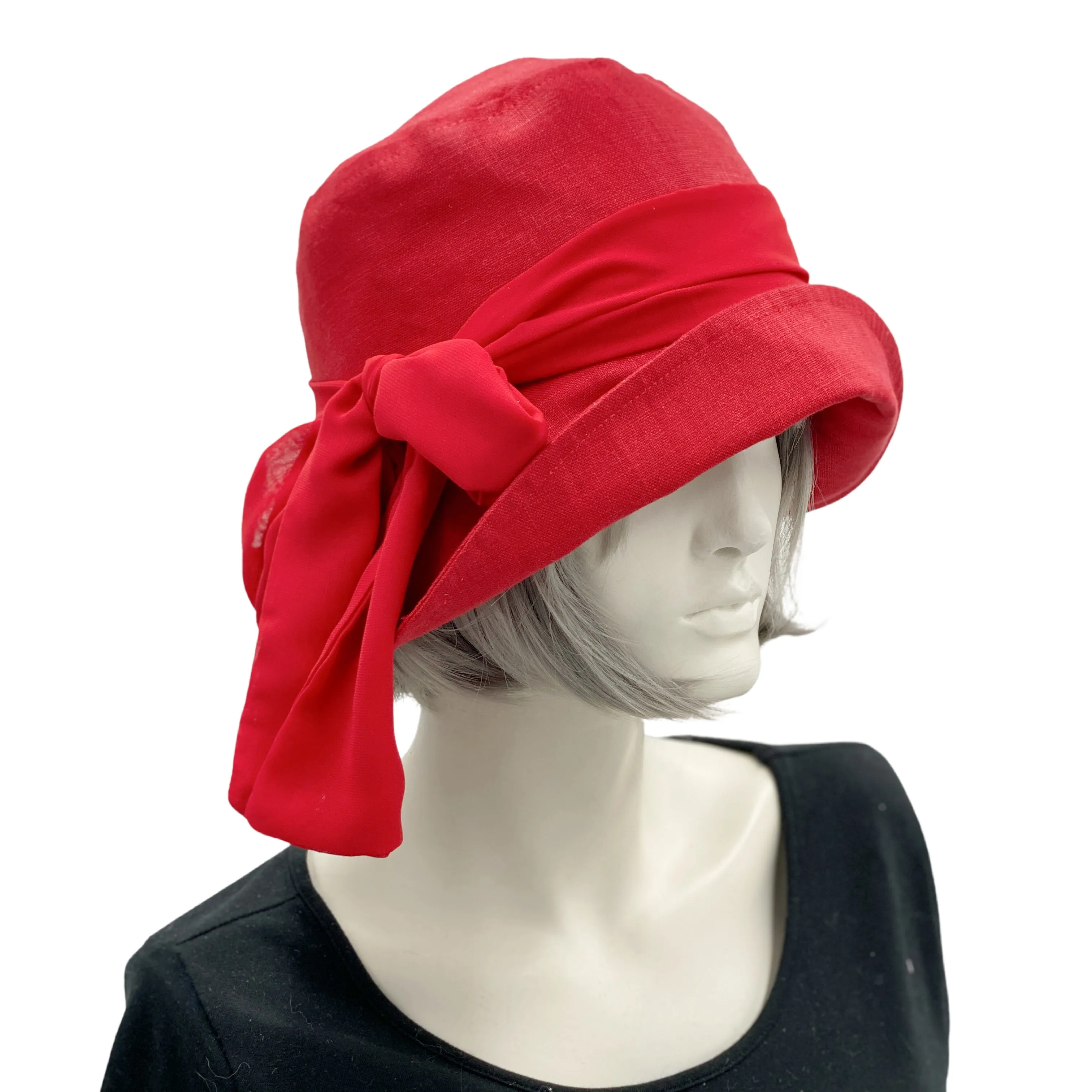 Red Linen 20s Style Cloche Hat with Red Chiffon Scarf  | The Eleanor