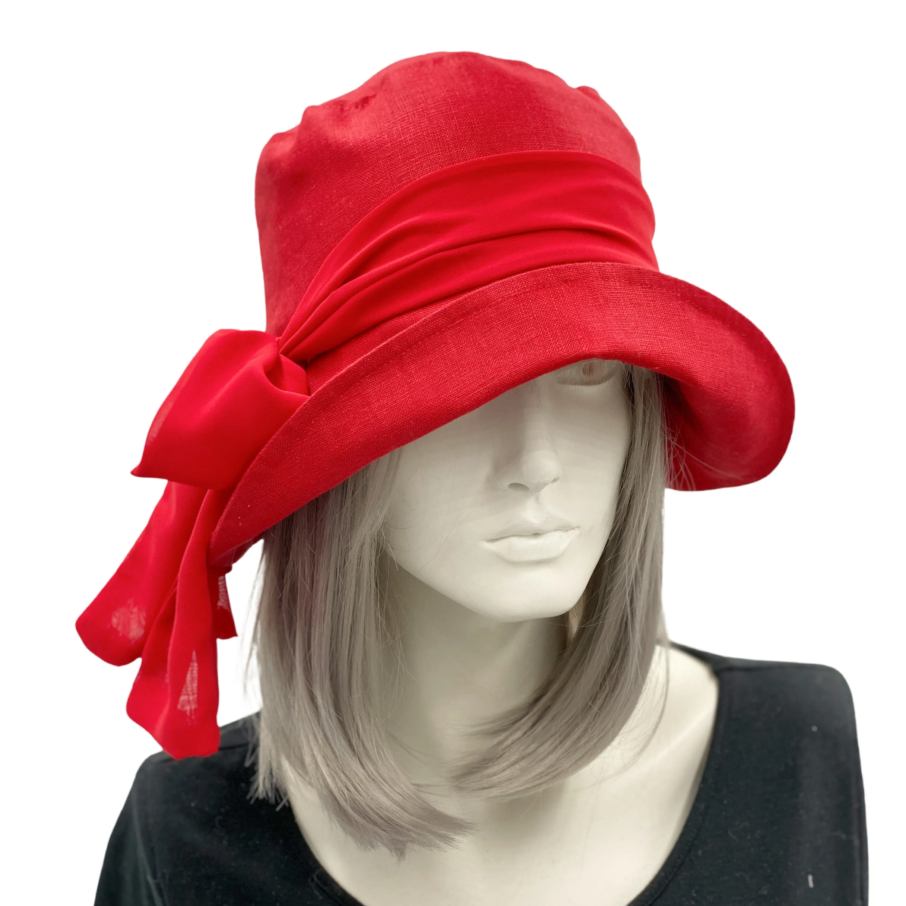 Red Linen 20s Style Cloche Hat with Red Chiffon Scarf  | The Eleanor