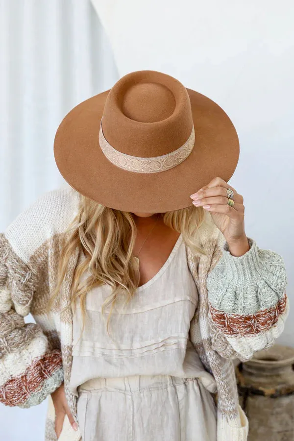 STRUCTURED FLAT WIDE BRIM HAT WITH BRAID DETAIL TAN