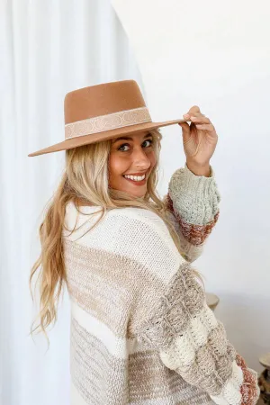 STRUCTURED FLAT WIDE BRIM HAT WITH BRAID DETAIL TAN
