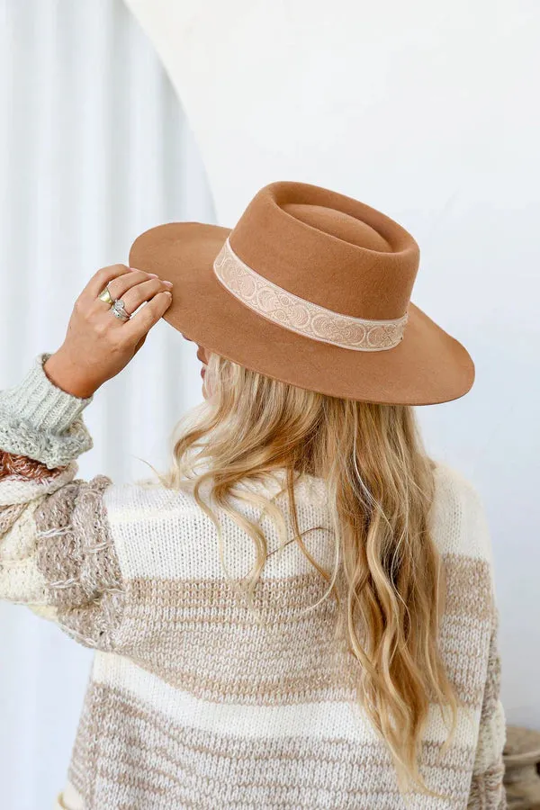 STRUCTURED FLAT WIDE BRIM HAT WITH BRAID DETAIL TAN