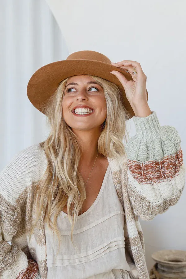 STRUCTURED FLAT WIDE BRIM HAT WITH BRAID DETAIL TAN