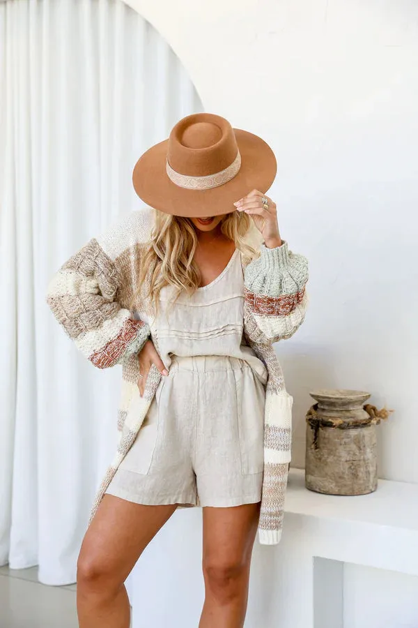 STRUCTURED FLAT WIDE BRIM HAT WITH BRAID DETAIL TAN