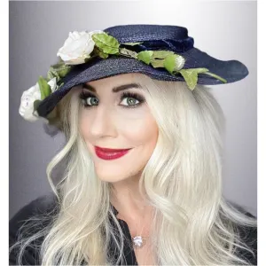 Vintage 1950s Womens Saucer Hat Wide Brim Church Dark Navy Straw Flowers O/S