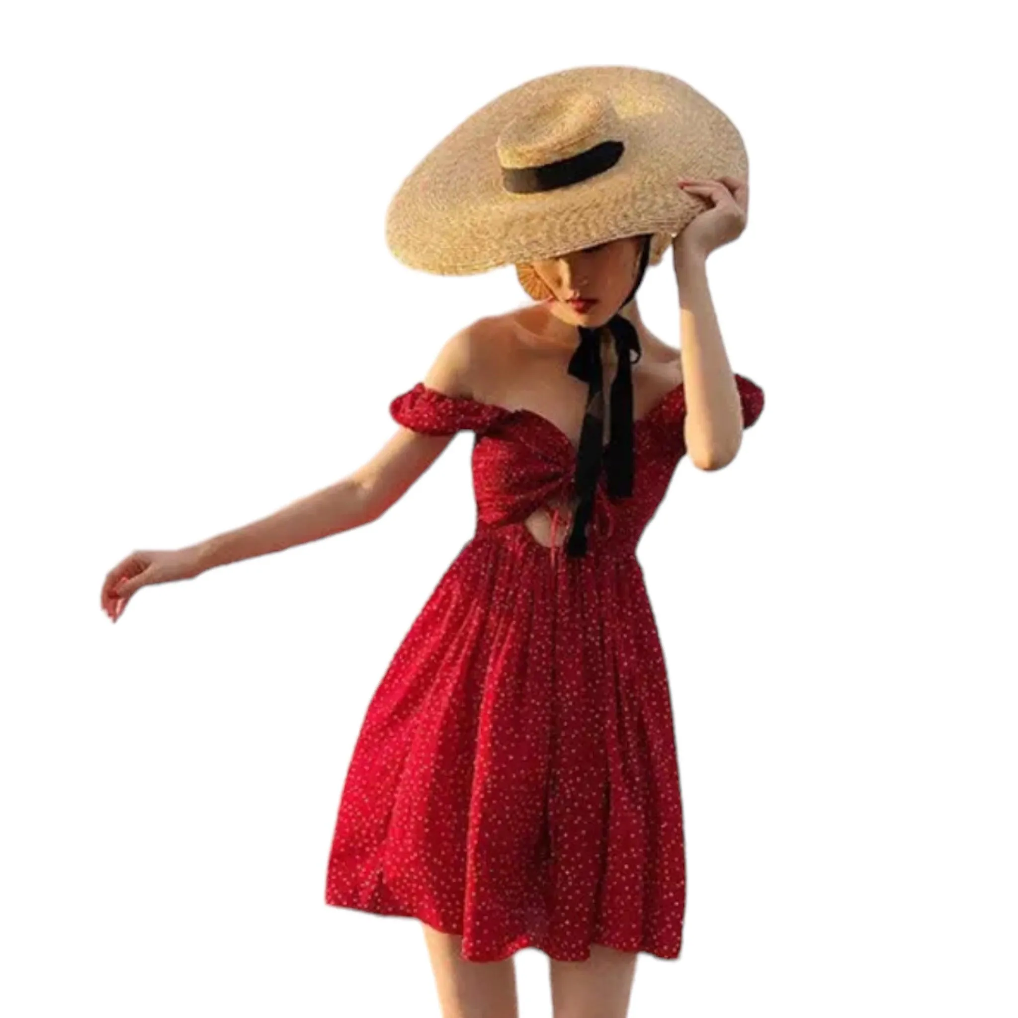 Wide Brim Ribbon Necktie Straw Sun Hat