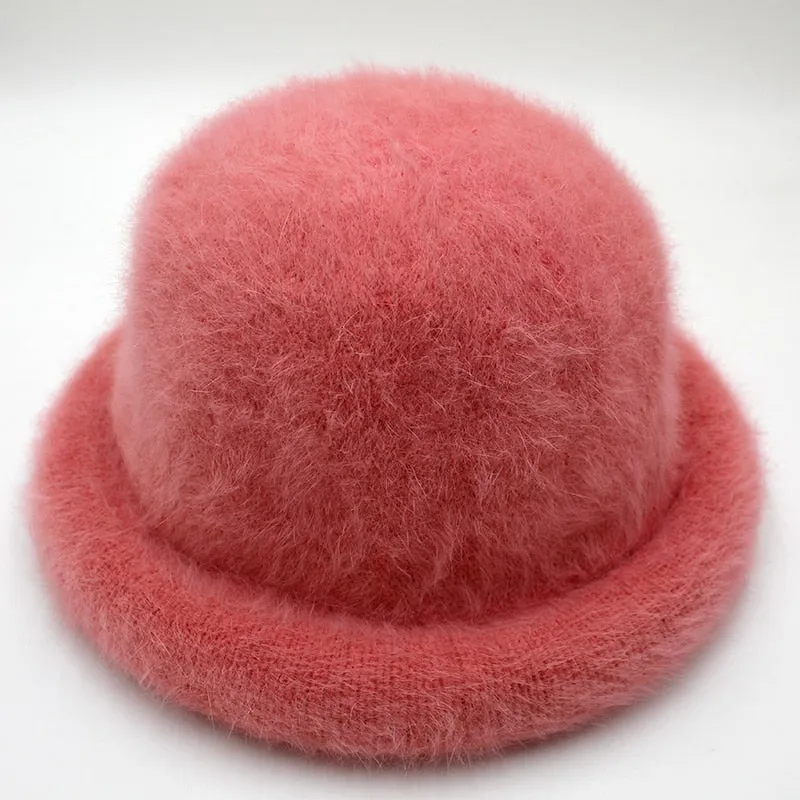 Wool Elegant Women Hat Dome Short Brim Hats Female British Retro Autumn Winter Basin Cap Faux velvet Hat RC2070